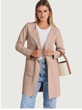 Anrabess Light Pink Open-Front Long Collarless Coat for Women